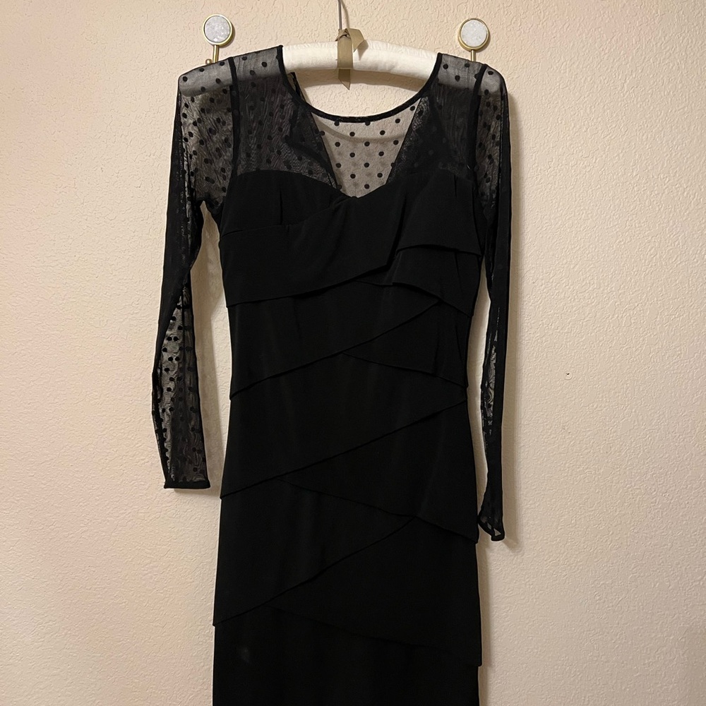 White House black market body con black dress with polka dot sheer long sleeves